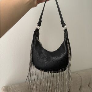 Pebbled black leather mini chain tassel purse